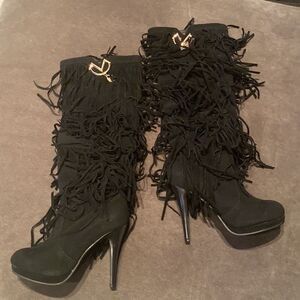 Women’s Black Fringed Tassel Faux Suede HighHeel KneeHigh Boot Size 41 (10.5 US)
